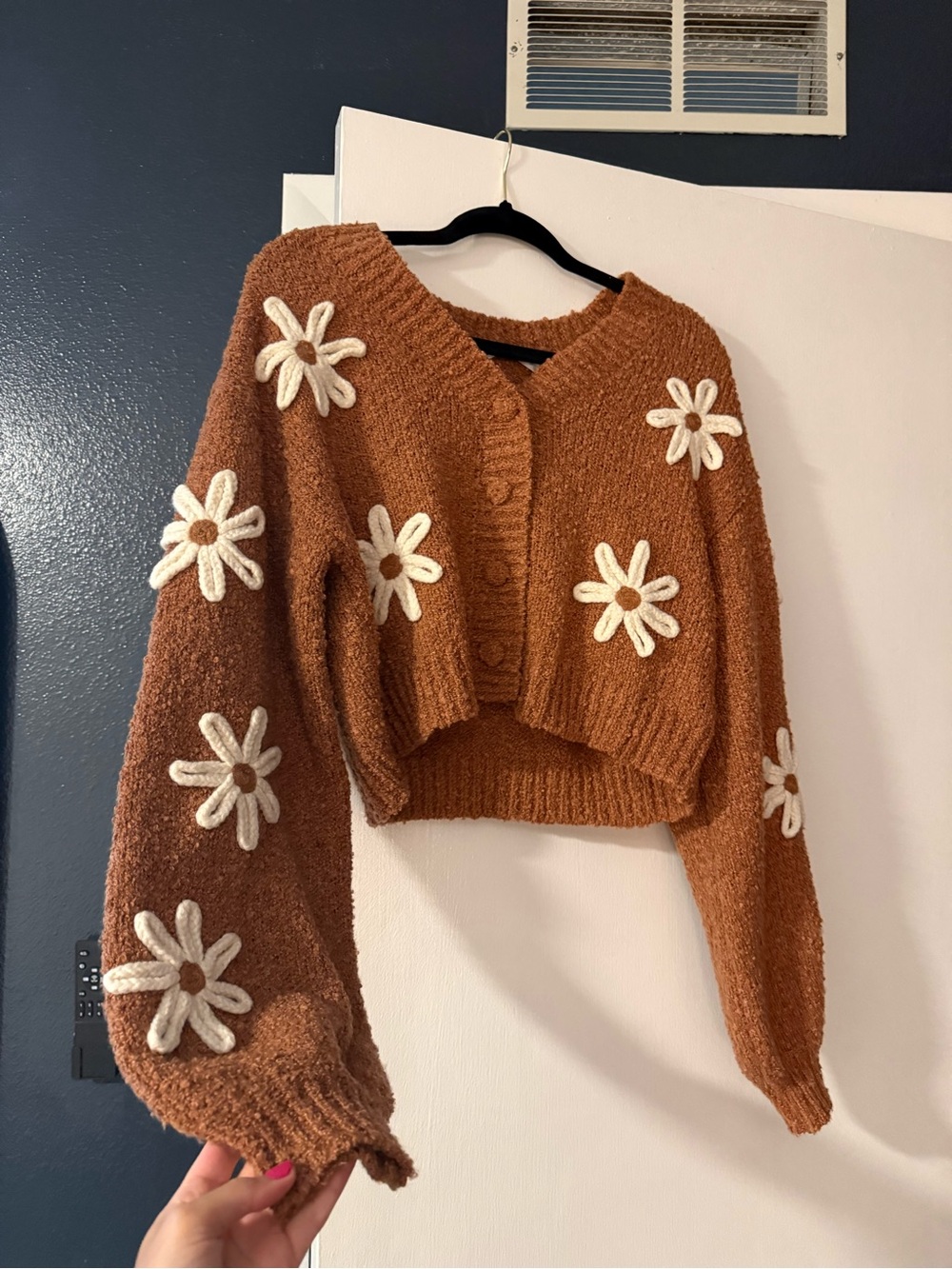 Altar'd State Rust Brown Cropped Daisy-Appliqué V-Neck Cardigan